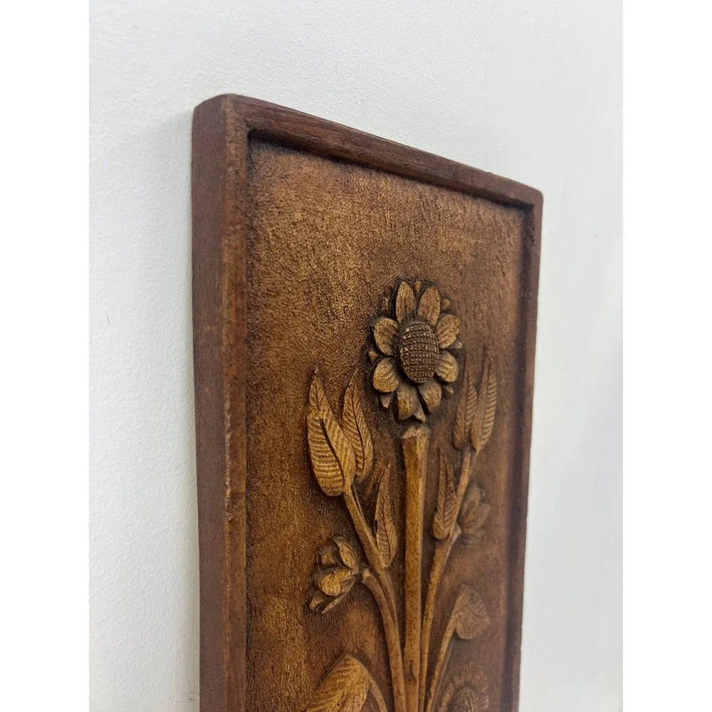 Vintage Resin Wall Hanging Arts & Crafts Floral Sunflowers Vase Plaque MCM Art